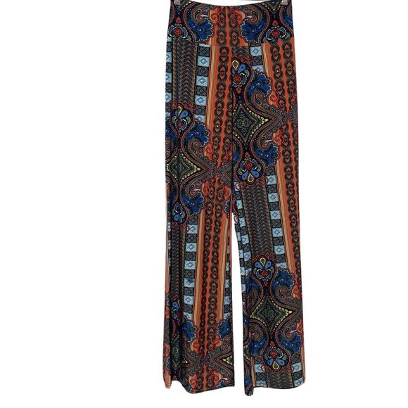 New Multicolor Boho High Rise Flare Wide Leg Palazzo Pants Butter Soft - Picture 2 of 11